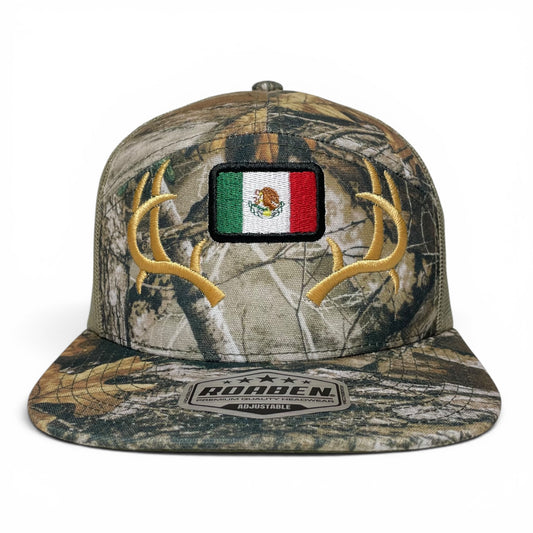 ROABEN camouflage snapback hat with a deer antlers design incorporating the Mexico flag on the front panel.