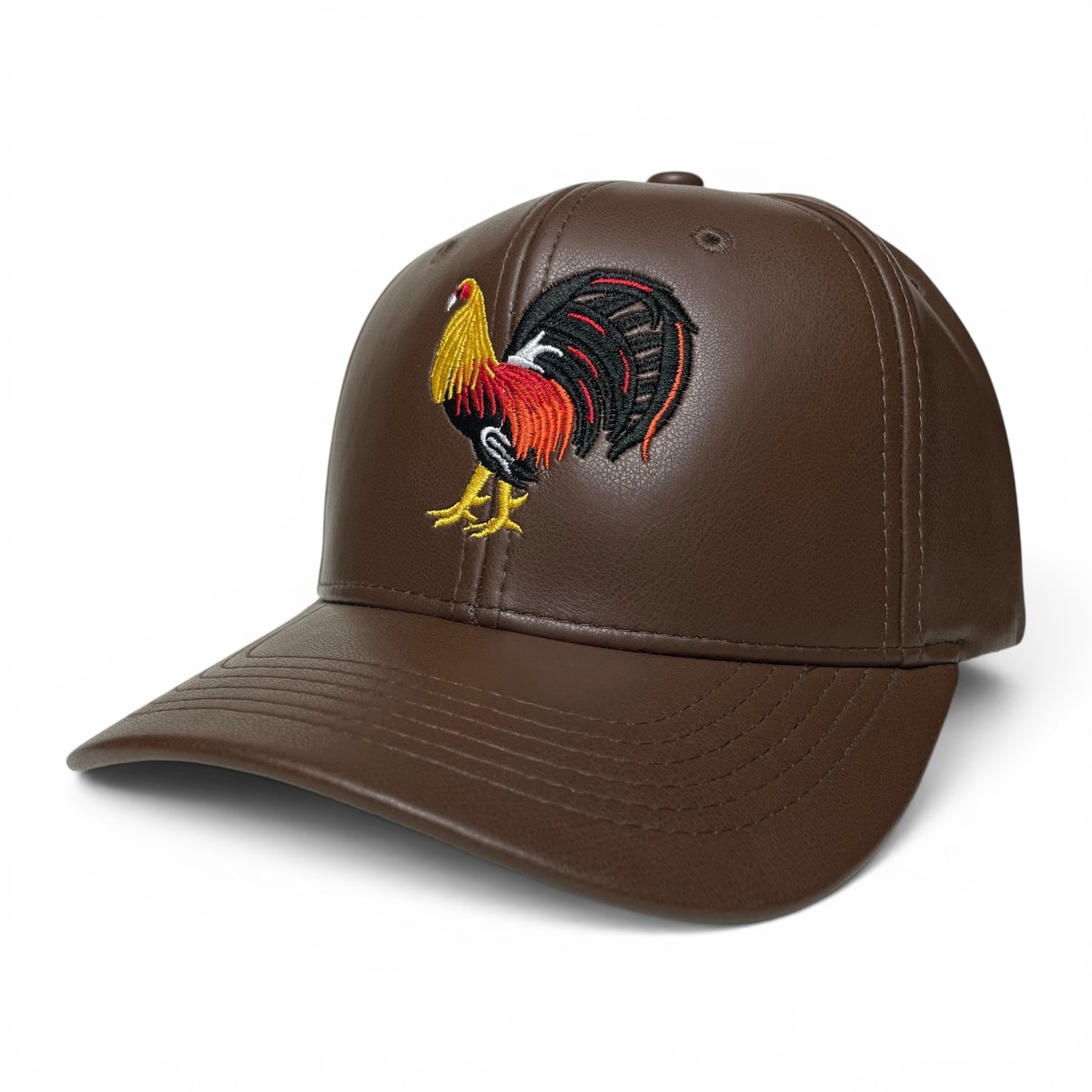 ROABEN Rooster Embroidered Brown PU Leather Snapback Cap