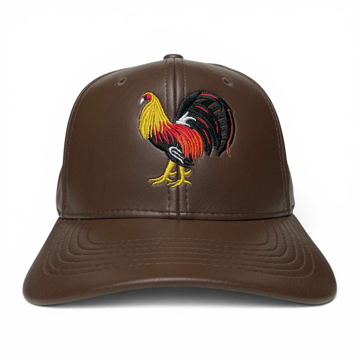 ROABEN Rooster Embroidered Brown PU Leather Snapback Cap