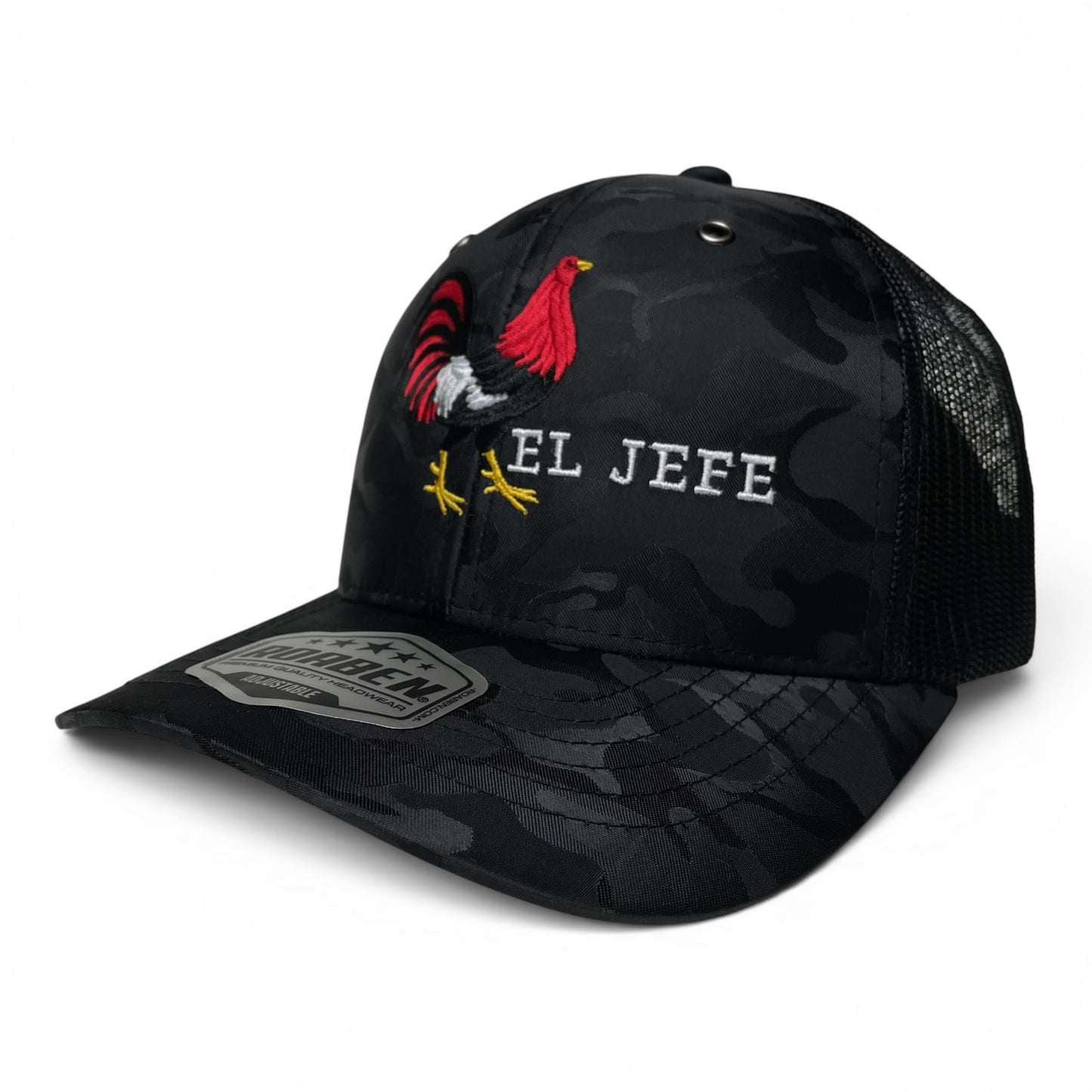 ROABEN El Jefe Rooster Camo Trucker Hat with Mexico Flag Under Visor