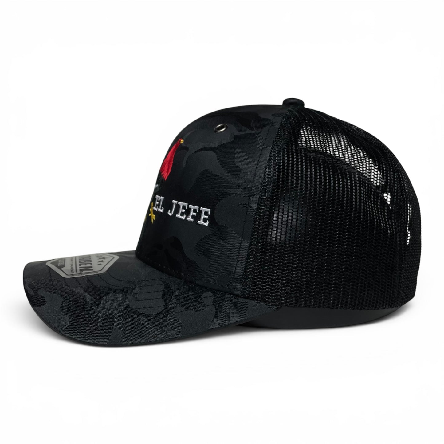 ROABEN El Jefe Rooster Camo Trucker Hat with Mexico Flag Under Visor