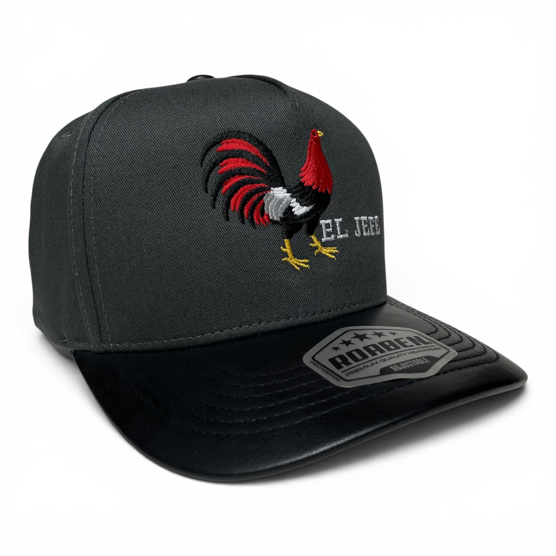 ROABEN gray baseball snapback cap with El Jefe rooster embroidery, PU leather visor, slight curved brim, and adjustable closure.