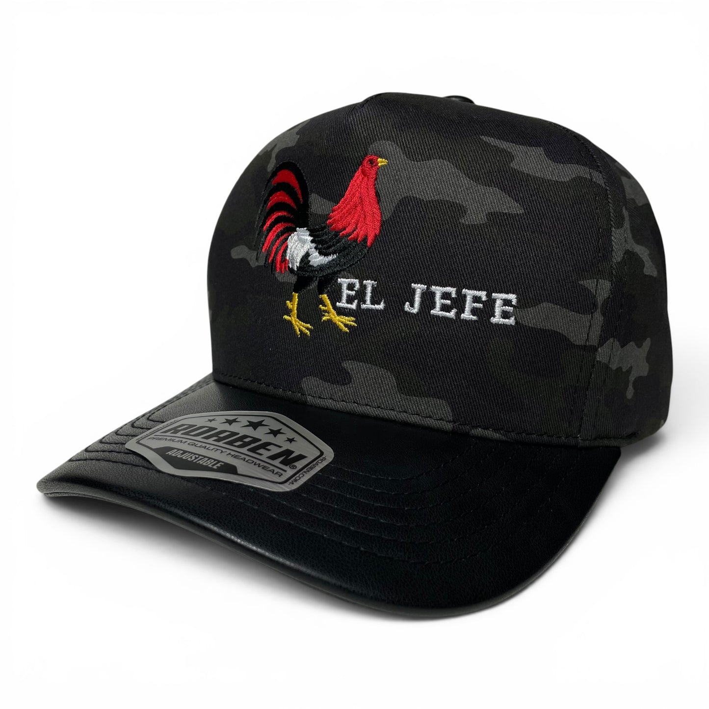 ROABEN El Jefe Rooster Camo Baseball Snapback Cap PU Leather Visor