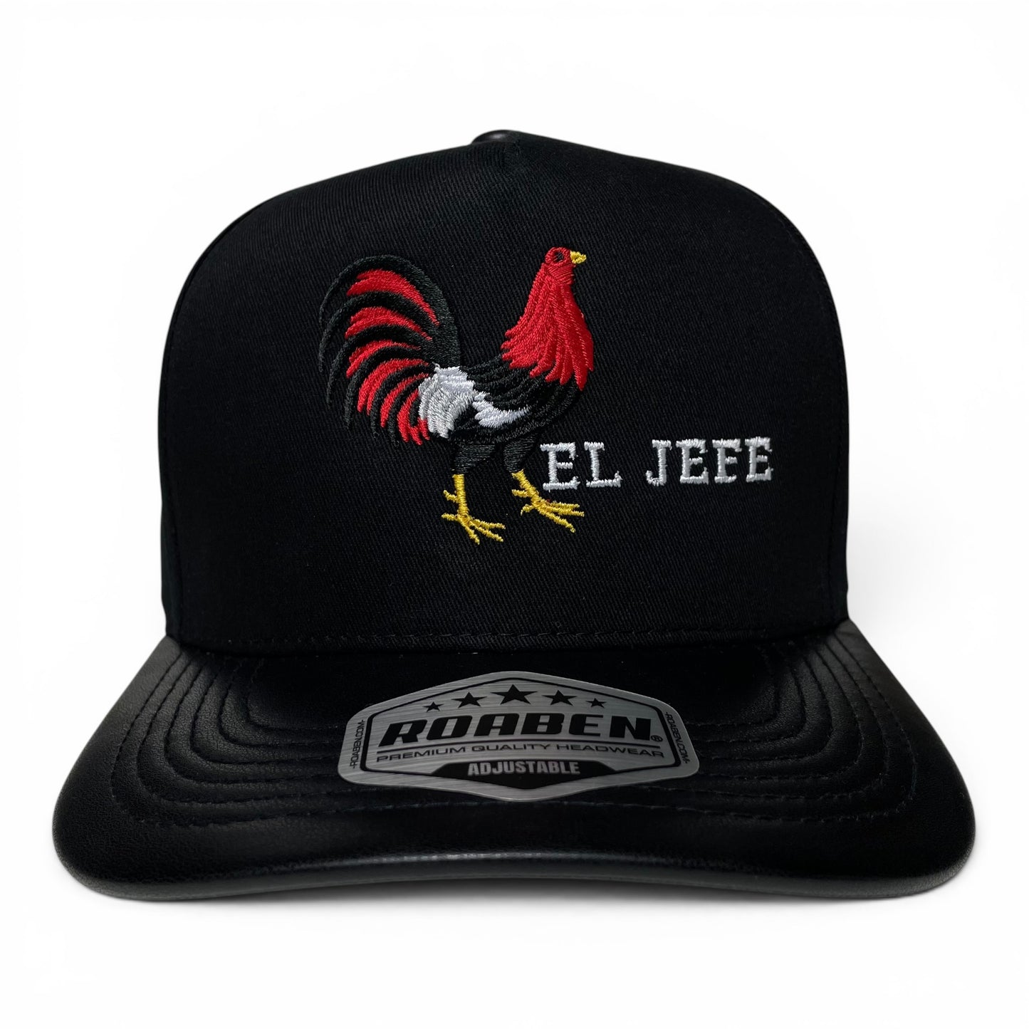 ROABEN El Jefe Rooster Black Baseball Snapback Cap PU Leather Visor