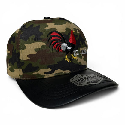 Premium ROABEN camo snapback cap with El Jefe rooster embroidery, structured front panels, and slight curved visor.