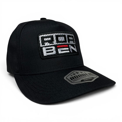 Premium ROABEN black ripstop snapback cap featuring embroidered branding, structured front panels, and adjustable snapback closure.